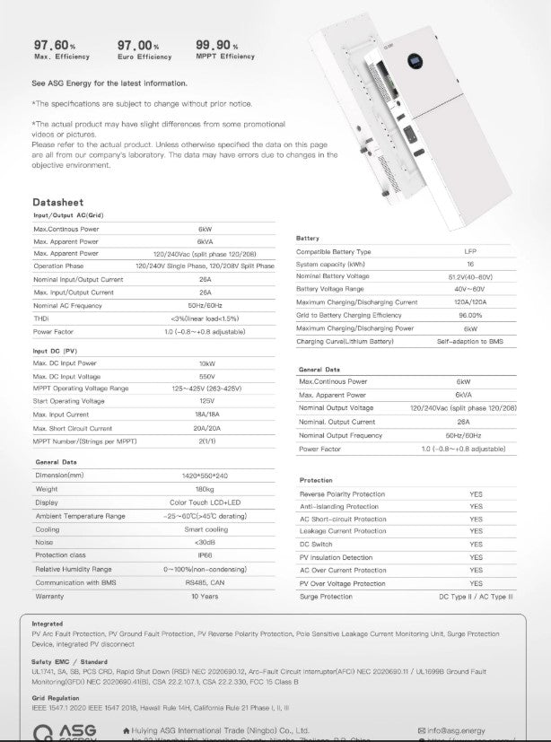 ASG 6kW All-in-One Solar Battery System | 16kWh LFP Storage + Hybrid Inverter