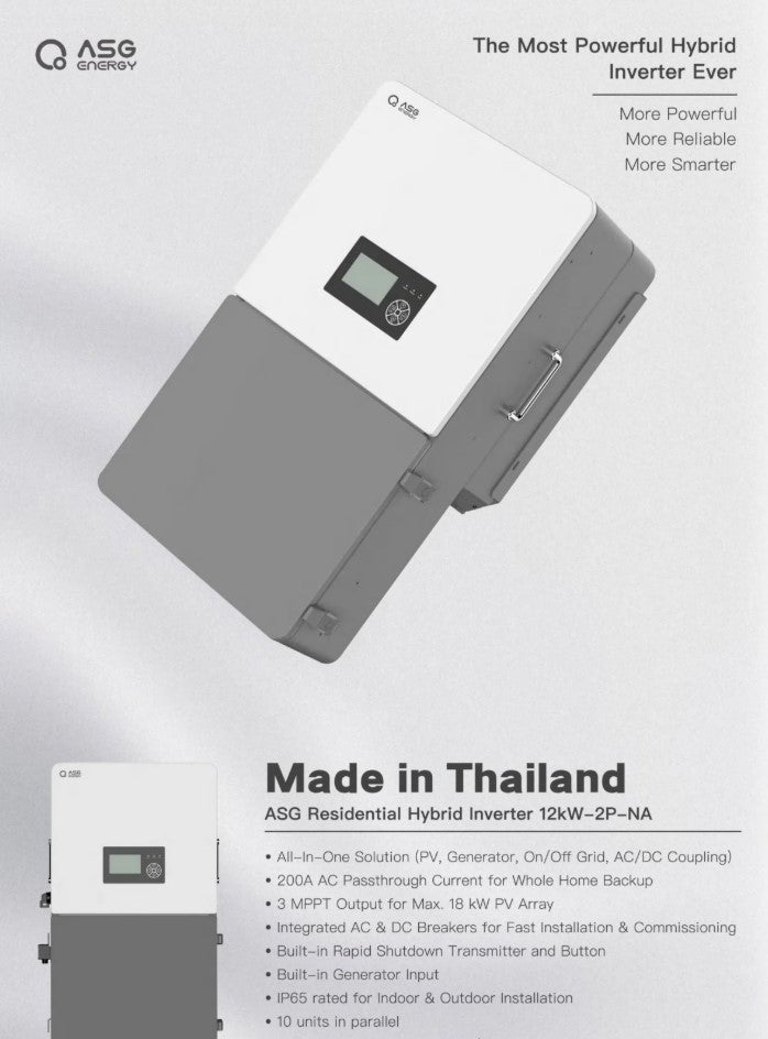ASG 12kW Hybrid Solar Inverter | 3 MPPT | 18kW PV Input | 200A Passthrough | Split Phase