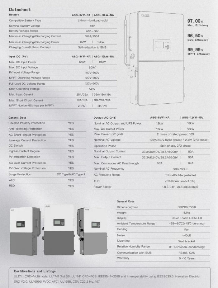 ASG 12kW Hybrid Solar Inverter | 3 MPPT | 18kW PV Input | 200A Passthrough | Split Phase